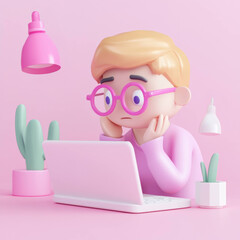 Poster - 3D character with glasses works on laptop in pink room