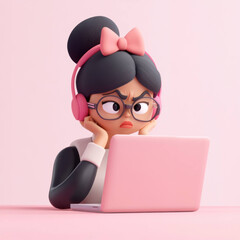 Poster - 3D character of frustrated woman with headphones at laptop
