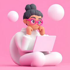 Poster - 3D illustration of woman with glasses using laptop on pink background