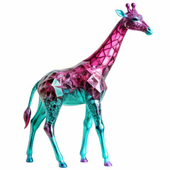 Sticker - A vibrant, geometric giraffe sculpture featuring pink and blue hues, showcasing an artistic blend of colors and shapes.