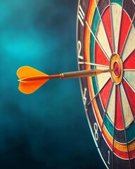 A close-up of a dart embedded in the bullseye of a colorful dartboard, set against a blurred teal background.