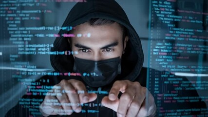 Poster - A masked individual coding in a dark environment, focused on computer screens filled with code.