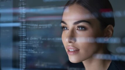 Poster - A focused woman gazes at coding on a screen, symbolizing technology and innovation.
