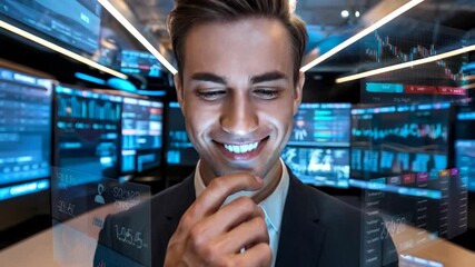 Poster - A businessman analyzes data on a smartphone in a high-tech office environment.