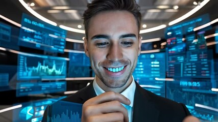 Poster - A businessman uses a smartphone in a high-tech financial environment with data displays.