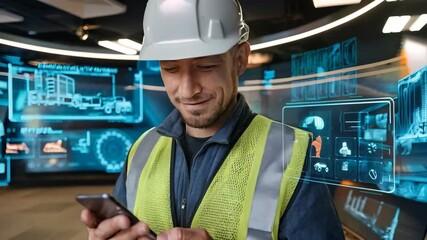 Poster - A construction worker using a smartphone with digital overlays in a modern workspace.