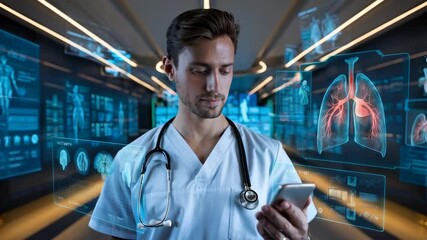 Poster - A healthcare professional reviewing data on a smartphone in a high-tech medical environment.