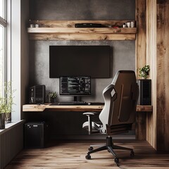 Empty gamer room with computer showing code on monitor