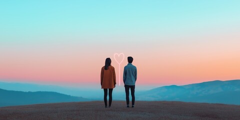 Poster - A couple standing on a hill with a heart in the sky above them. The sky is blue and the sun is setting