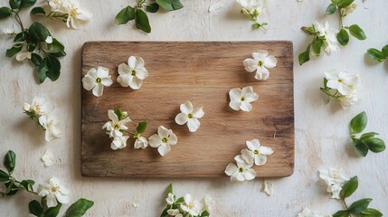 Poster - Rustic setup with jasmine flowers scattered on a wooden cutting board, isolated against a light background