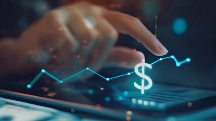 Poster - Businesswoman using digital tablet analyzing financial growth with us dollar sign, indicating positive investment performance and economic success