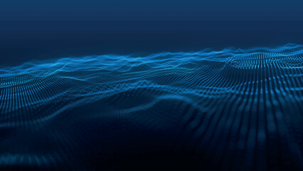 Aufkleber - Futuristic point wave of particles. Visualization of sound waves. Dark background. Technology or science banner. Abstract digital 3D wave. Vector illustration.