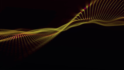 Poster - Futuristic point wave of particles. Visualization of sound waves. Dark background. Technology or science banner. Abstract digital 3D wave. Vector illustration.