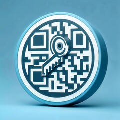 Stylized QR code with key symbol on blue background, digital security concept