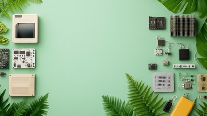 Aufkleber - Vintage tech with tropical greenery background.