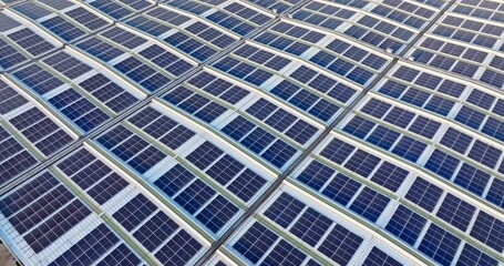 Wall Mural - A large number of solar panels on the roof of a large factory