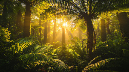 Wall Mural - Giant fern forest illuminated by a golden sunrise, showcasing nature's beauty in soft, warm light