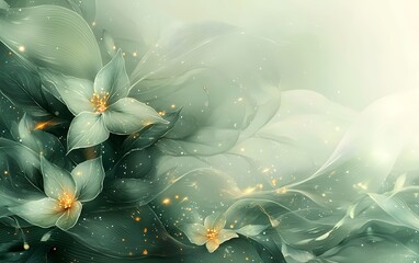 Poster - An elegant abstract composition featuring soft green hues and delicate floral elements, illuminated by gentle golden accents, creating a serene and dreamy atmosphere.