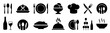 © dlyastokiv - Food icons set, plate, fork, knife and spoon, set logotype menu, cutlery icon, tableware sign, catering icons, restaurant signs