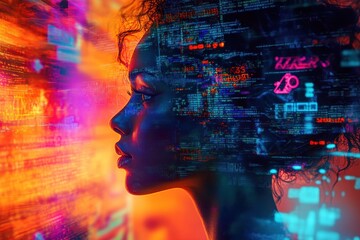 Digital art of woman profile with coding and data overlay