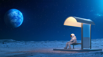 Wall Mural - an astronaut waiting at a bus stop on the moon under a starry sky and earth view