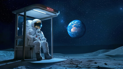 Wall Mural - astronaut sitting on a moon outpost while gazing at earth in the night sky