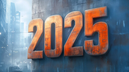 Poster - A futuristic wall display featuring the year 2025 illuminated in an urban setting