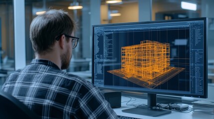 intense architectural design work on modern monitor in office setting, creative engineering concept