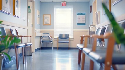 Aufkleber - Empty blue chairs stand in the waiting room of a medical clinic or hospital, creating a serene atmosphere of anticipation and hope, accented by the presence of plants