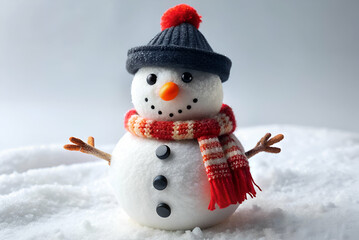 Sticker - A cheerful snowman wearing a knitted hat and scarf stands in a snowy landscape, embodying the spirit of winter and holiday festivities.