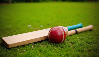 Wall Mural - Cricket bat and ball on the grass, sporty mood, ready for the game, vibrant green background