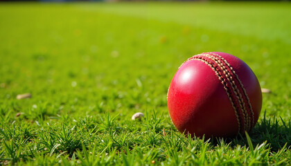 Wall Mural - Cricket ball on the grass, sporty mood, set for the game, vibrant green background