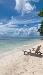 Wall Mural - Serene beach escape  a cozy chair on white sand by the glimmering sea under clear skies