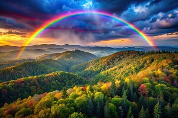 Colorful stylized forest landscape with rainbow sky and dark hills High Angle