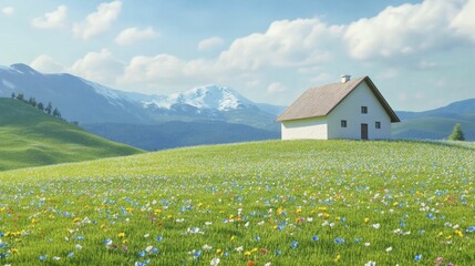 Sticker - Countryside cottage, fields of wildflowers and chirping birds, serene rural escape, vibrant digital artwork.