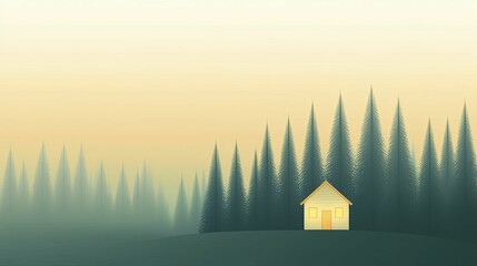 Poster - Secluded cabin nestled among tall trees, illuminated softly. Flat illustration showcasing clean lines and muted color palette.