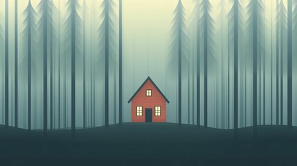 Sticker - Secluded cabin nestled among tall trees, bathed in warm light. Minimalist illustration featuring smooth lines and calming earth tones.