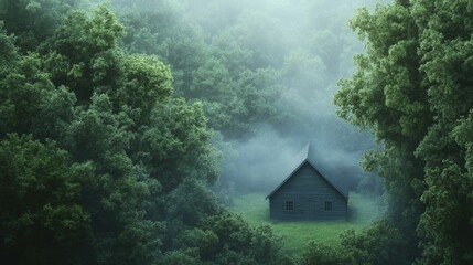 Poster - Woodland cabin, nestled among towering trees, tranquil forest setting, 3D illustration