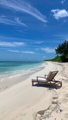 Wall Mural - Serene beach retreat  a cozy chair on white sand by the sparkling sea and gentle waves