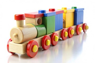 Colorful wooden toy train isolated on white background