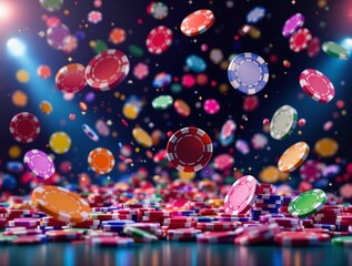 Aufkleber - A vibrant cascade of chance, where colorful chips dance in the air, promising excitement and fortune. 