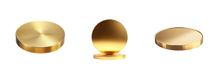 A set of Shiny gold round pedestal display, cut out isolated on a transparent background