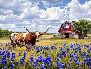 Poster - Lone cow standing in a vibrant field of blue flowers at sunset, nature and rural life 