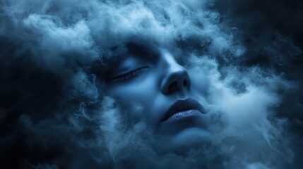 Wall Mural - A woman's face is shown in a cloud of smoke