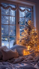 Wall Mural - Charming pastel themed cottage bedroom for christmas with snowy forest view and cozy ambiance