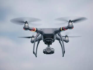 Poster - High-tech drone flying in a neutral sky, representing modern technology and innovation