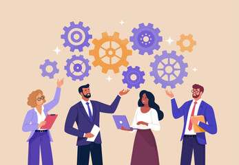 Wall Mural - Business Discussion Concept. Vector flat style illustration of a group of diverse smiling people in business outfits with gears on top talking to each other. Isolated on background