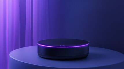 A purple smart speaker sits on a table