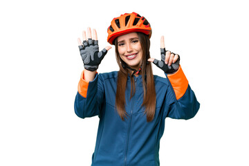 Wall Mural - Young cyclist woman over isolated chroma key background counting seven with fingers