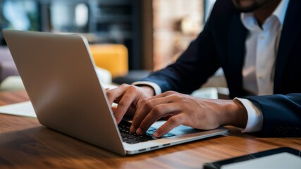 Focus and Productivity: A detailed shot of a man's hands busily typing on a laptop keyboard, implying engagement, skill, and business interaction.